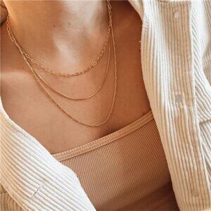 Dainty Gold Layered Necklace Set for Women – Paperclip & Thin Box Chains